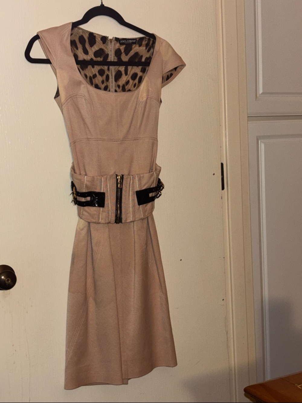 Dolce & Gabbana Beige Leather Midi Dress with Leopard Lining